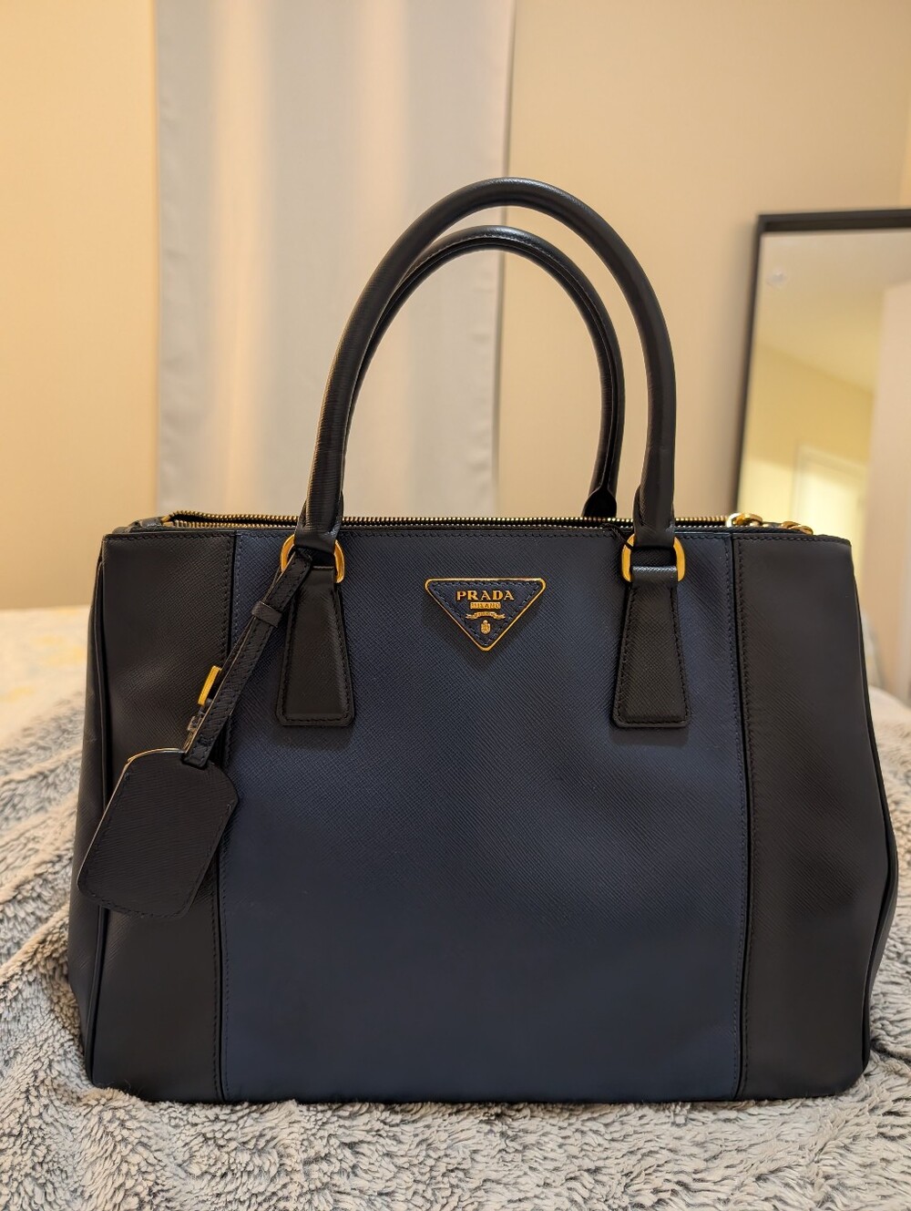 Prada Navy Saffiano Leather Tote with Gold Hardware